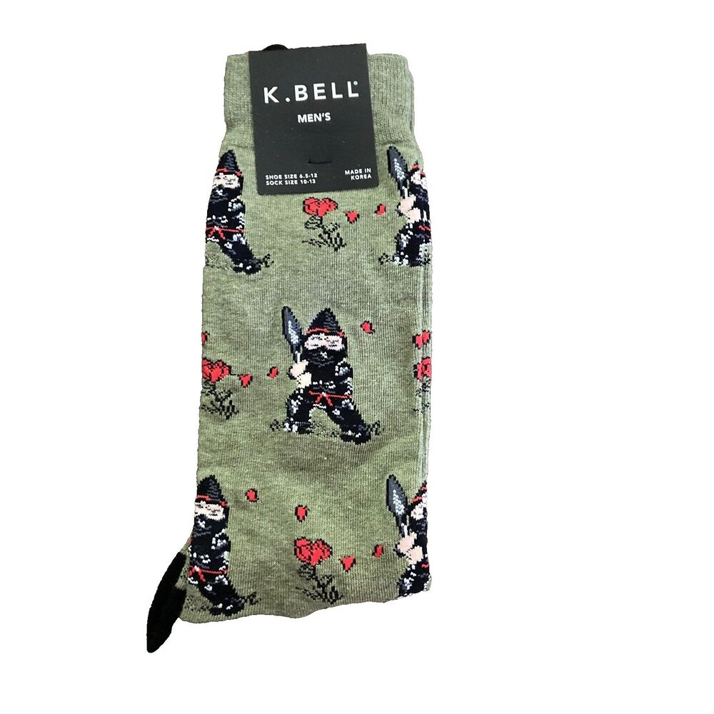 K. Bell Mens Ninja Floral Crew Socks Olive Green Novelty Shoe Size 6.5-12 NWT